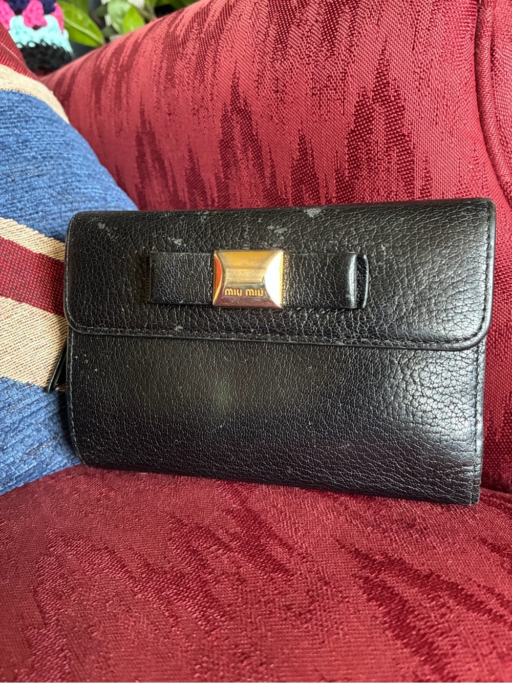 Miu Miu Black Leather Wallet Purse with Gold Accent Bow